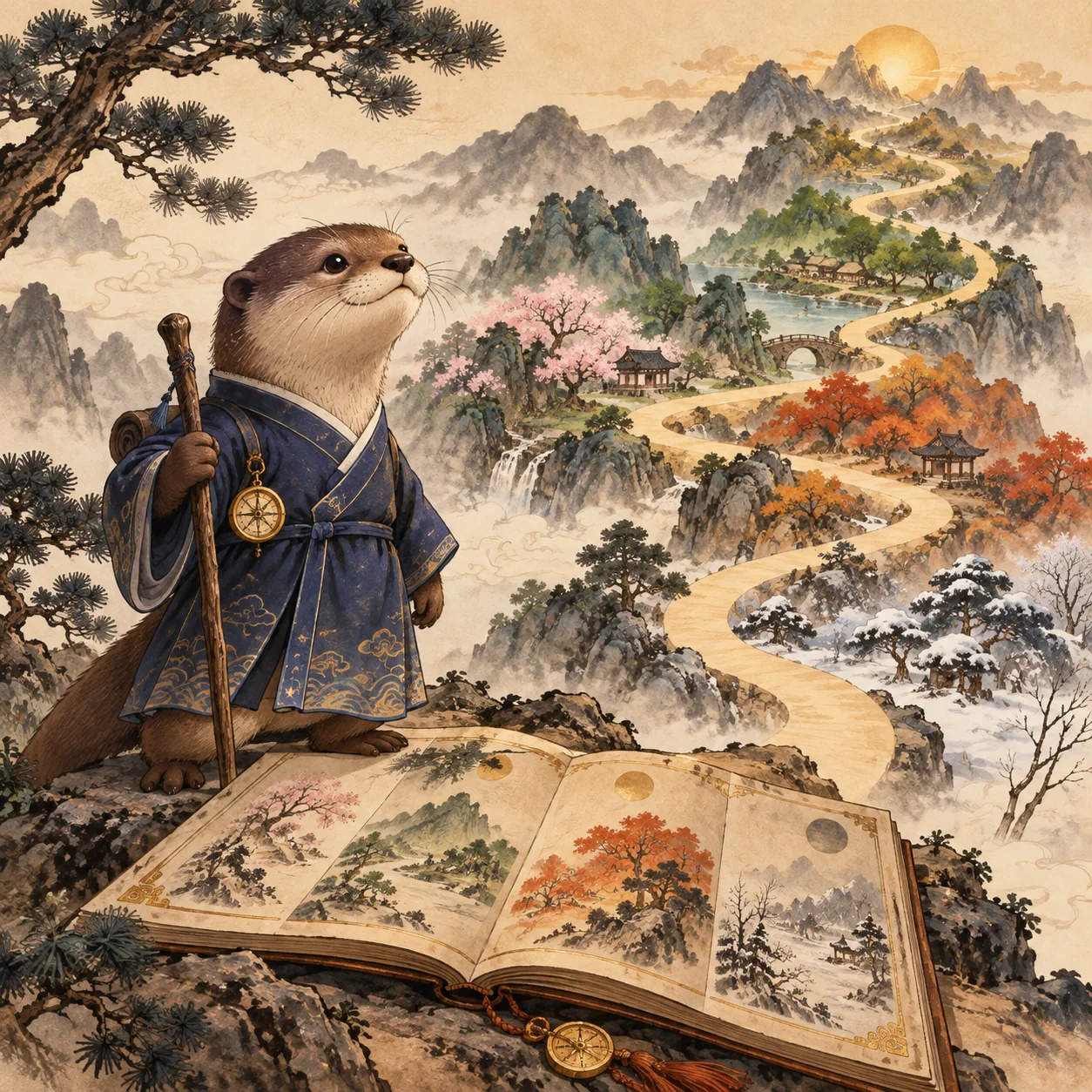 긴 인생의 길을 바라보는 수달