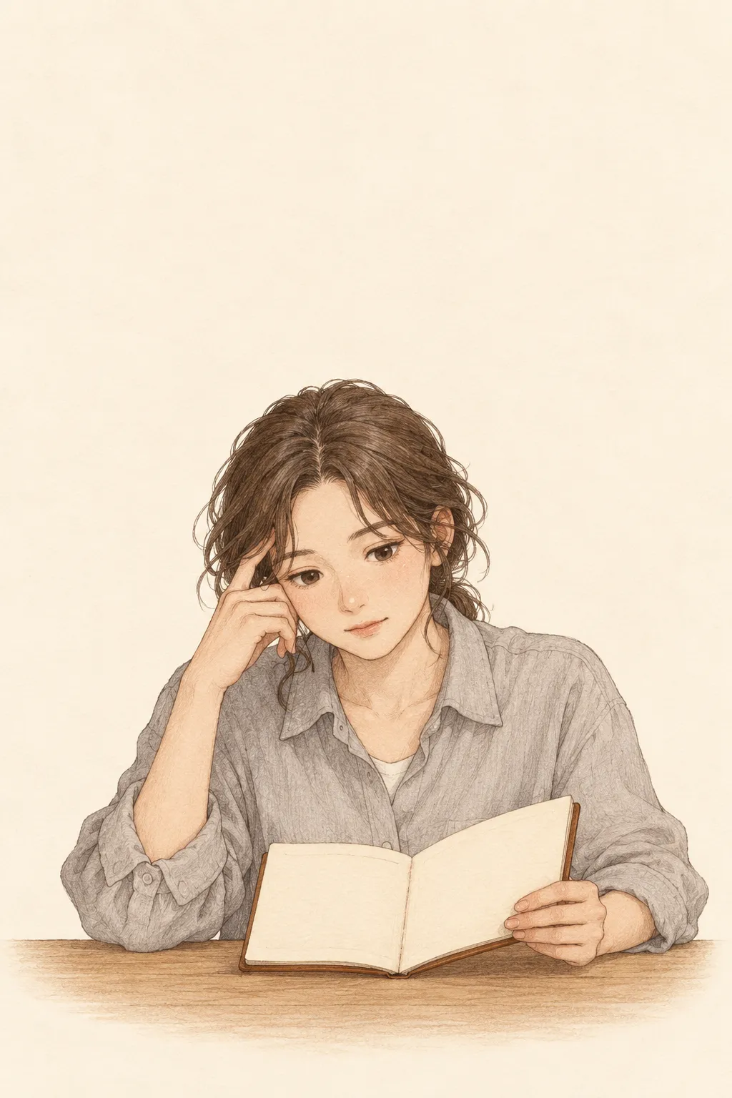 일하는 모습을 돌아보며 책상 앞에서 고민하는 성인 독자