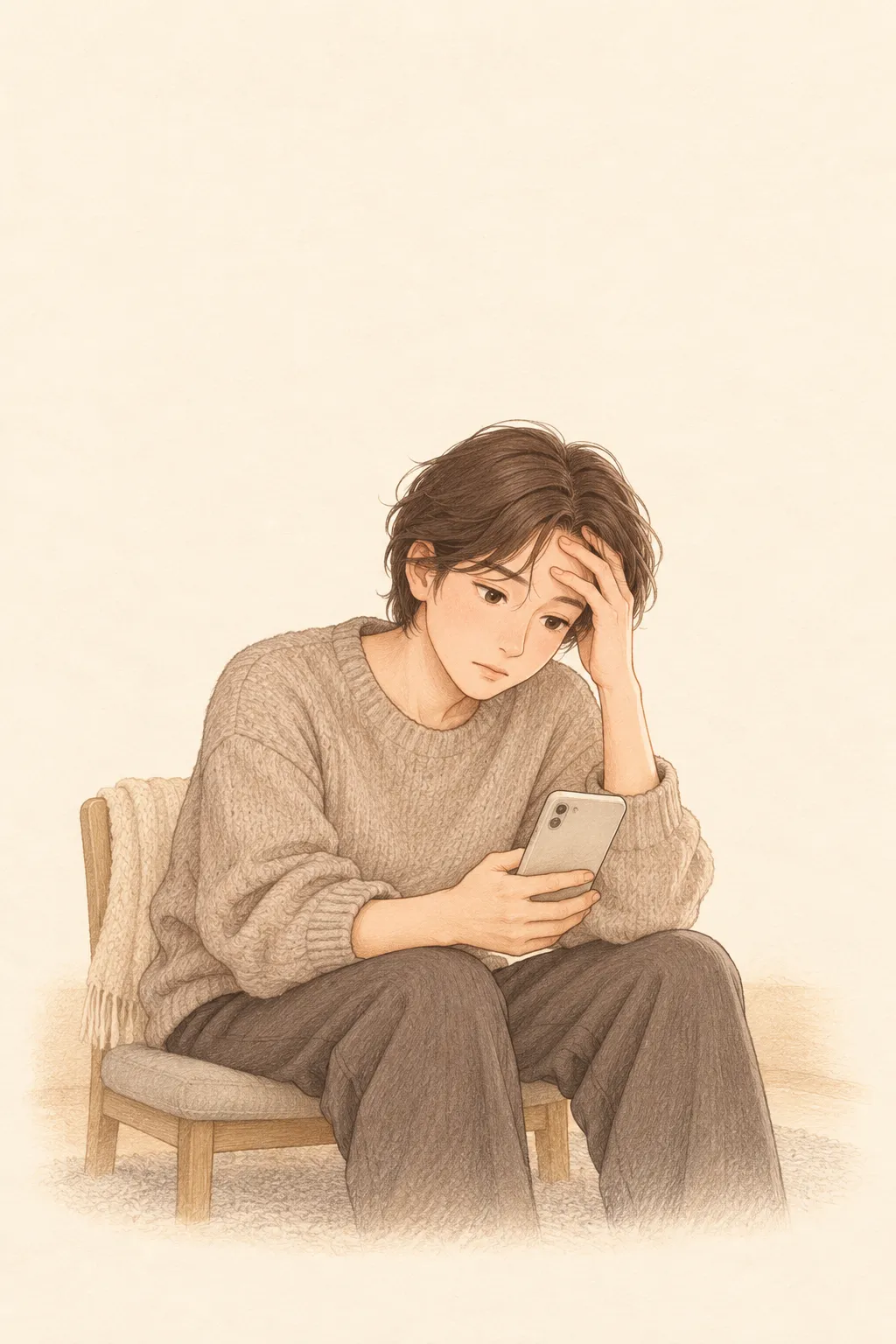 연락과 대화를 고민하며 휴대폰을 들고 이마를 짚는 성인 독자