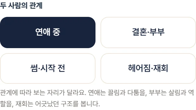 실제 궁합 상품 페이지의 연애 중 결혼 부부 썸 시작 전 헤어짐 재회 네 관계 선택