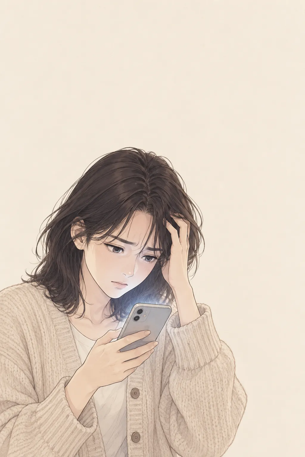휴대폰으로 사주 결과를 보다가 머리를 짚으며 난감해하는 여성